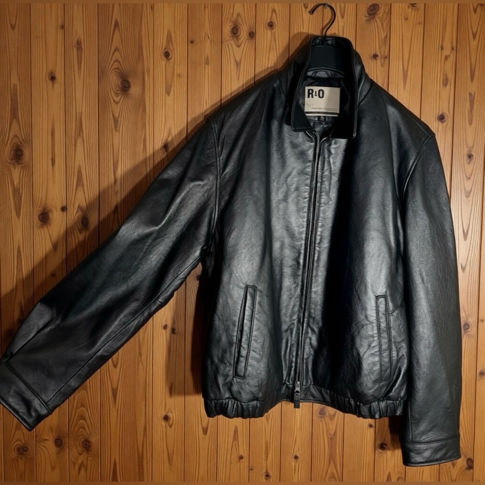 Men's Black Leather Classic Zip Jacket Quilted Lining Casual Pristine R&O Bomber - Picture 2 of 15
